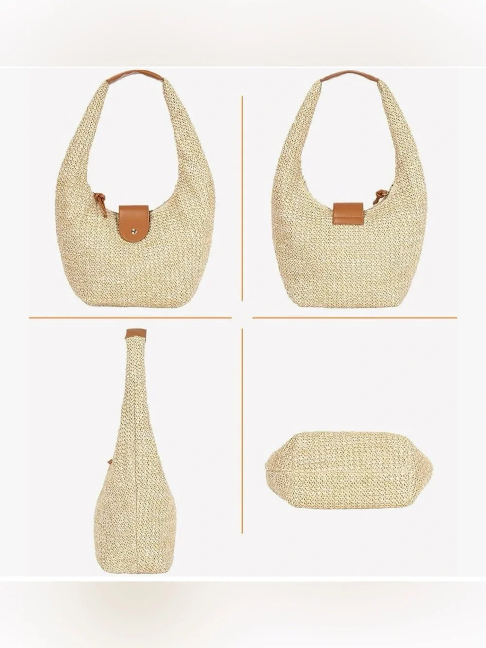 Straw Woven Hobo Shoulder Purse for Women, Medium Summer Beach Raffia Bag